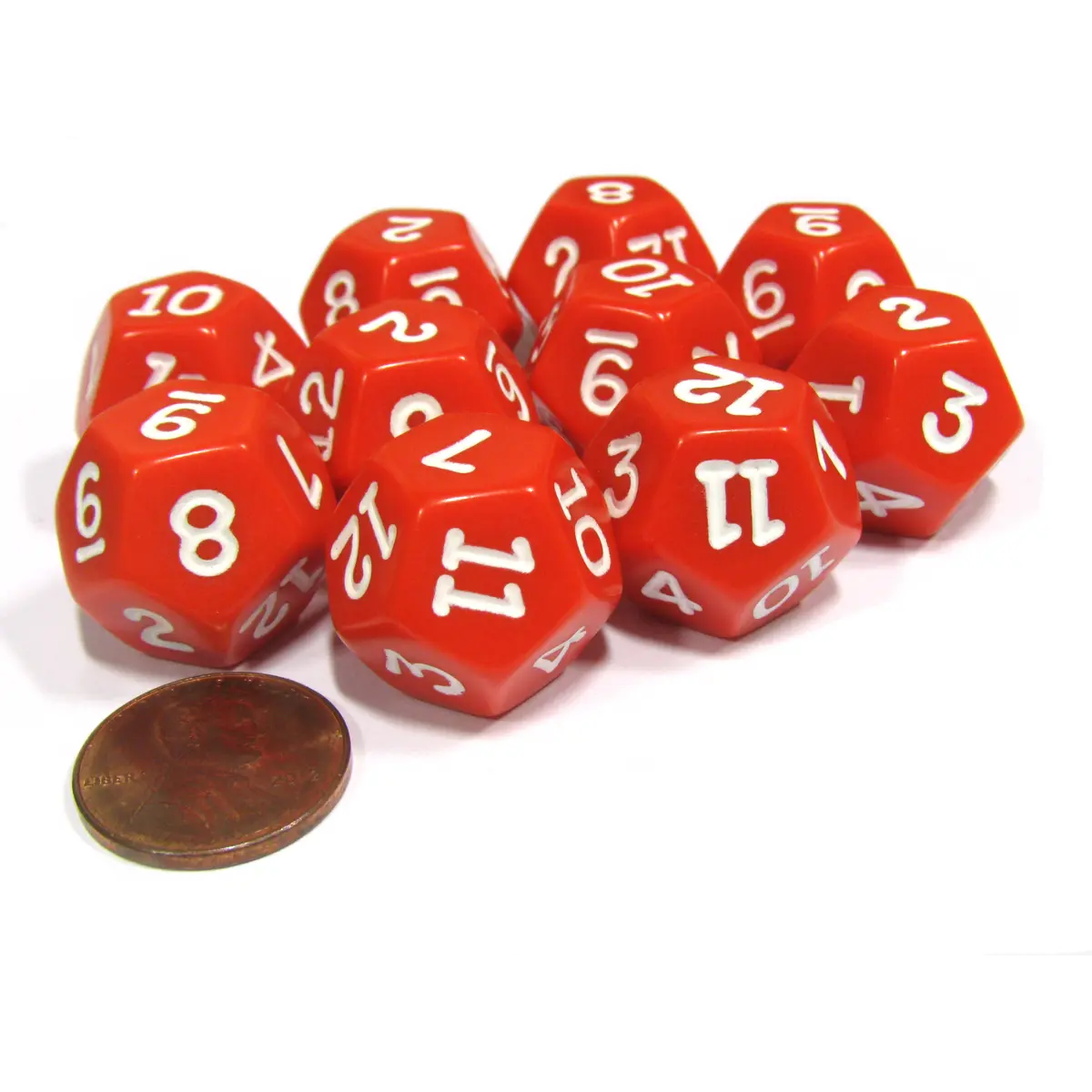 Set of 10 D12 12-Sided 18mm Opaque RPG Dice - Red with White Numbers