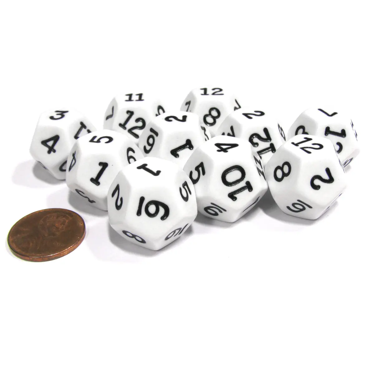 Set of 10 D12 12-Sided 18mm Opaque RPG Dice - White with Black Numbers