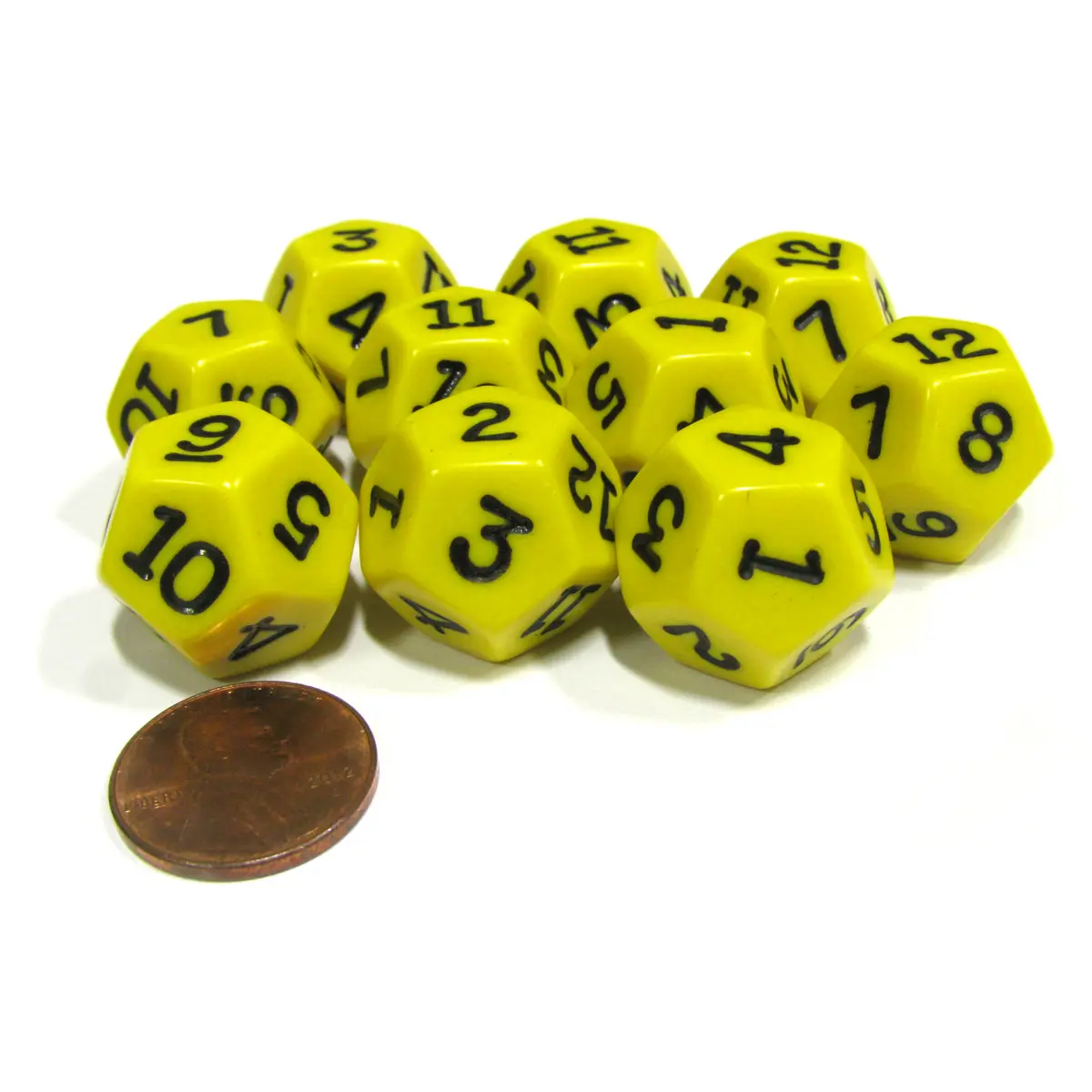 Set of 10 D12 12-Sided 18mm Opaque RPG Dice - Yellow with Black Numbers