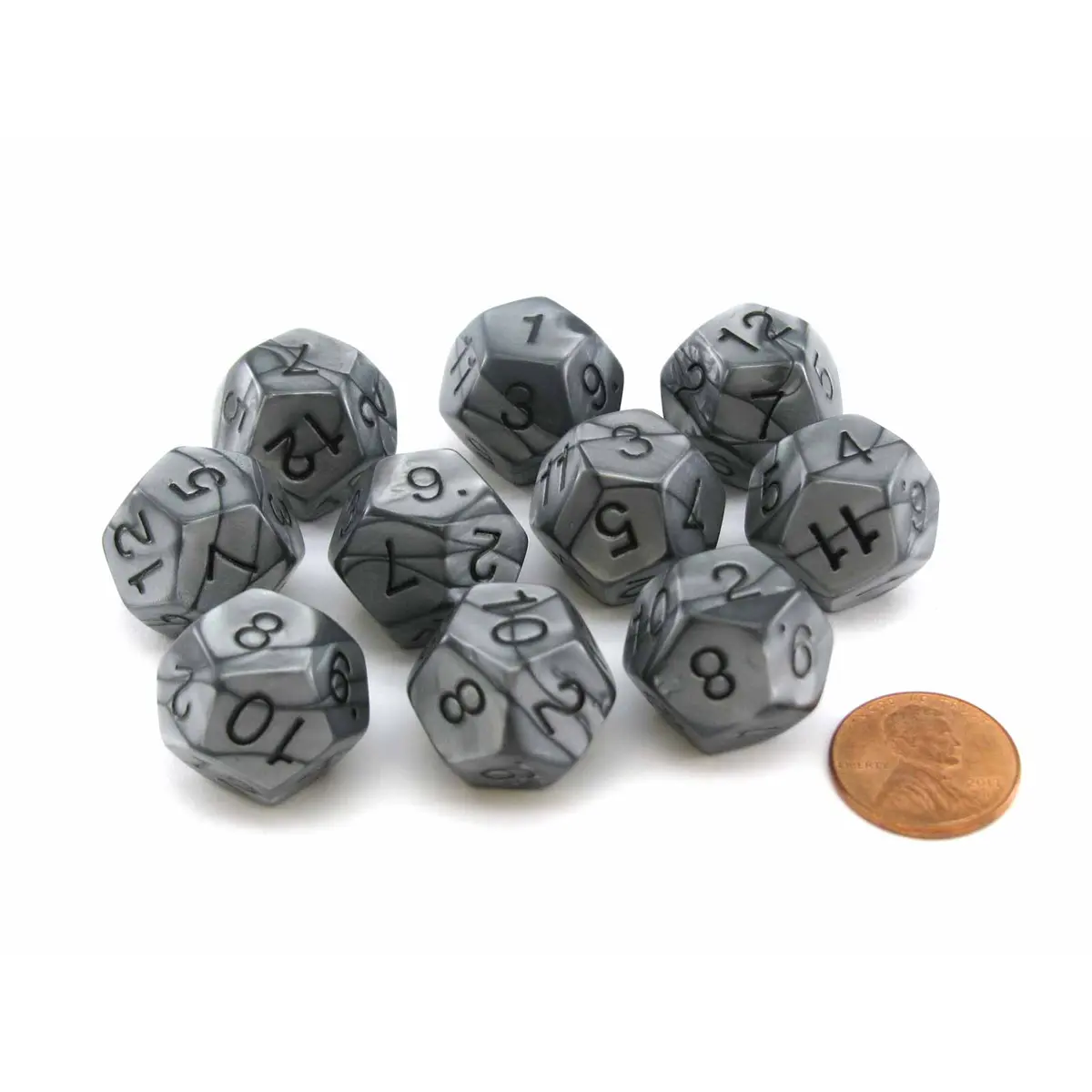 Set of 10 D12 18mm Olympic Pearlized Dice - Silver with Black Numbers