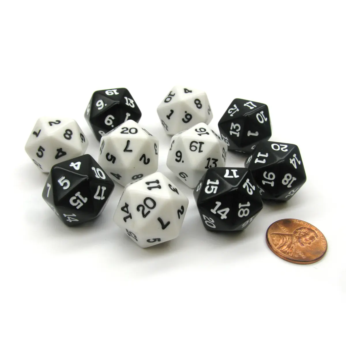 Set of 10 D20 19mm Inverse Dice - 5 Each of Black and White
