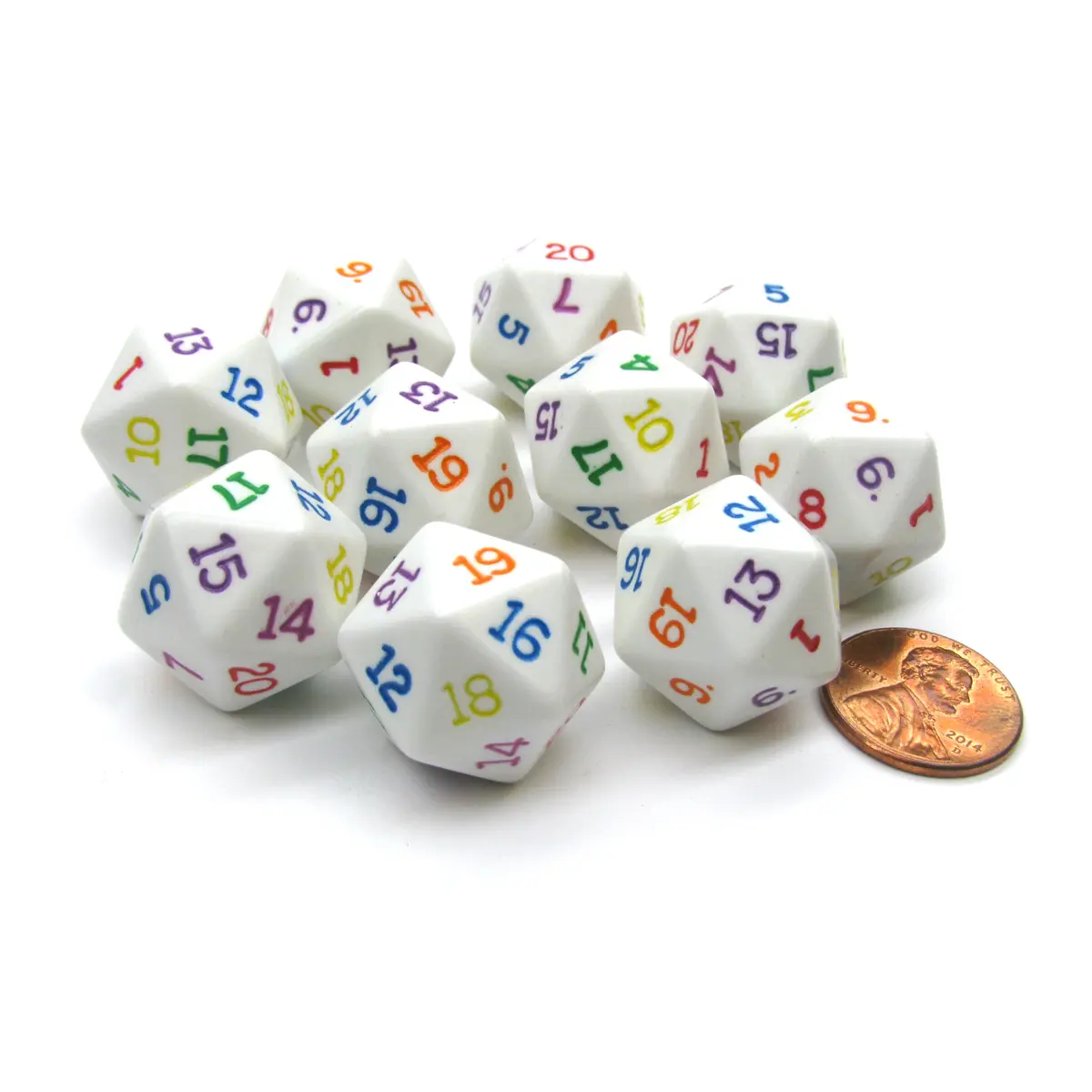 Set of 10 D20 19mm Opaque Rainbow Dice - White with Multicolor Numbers