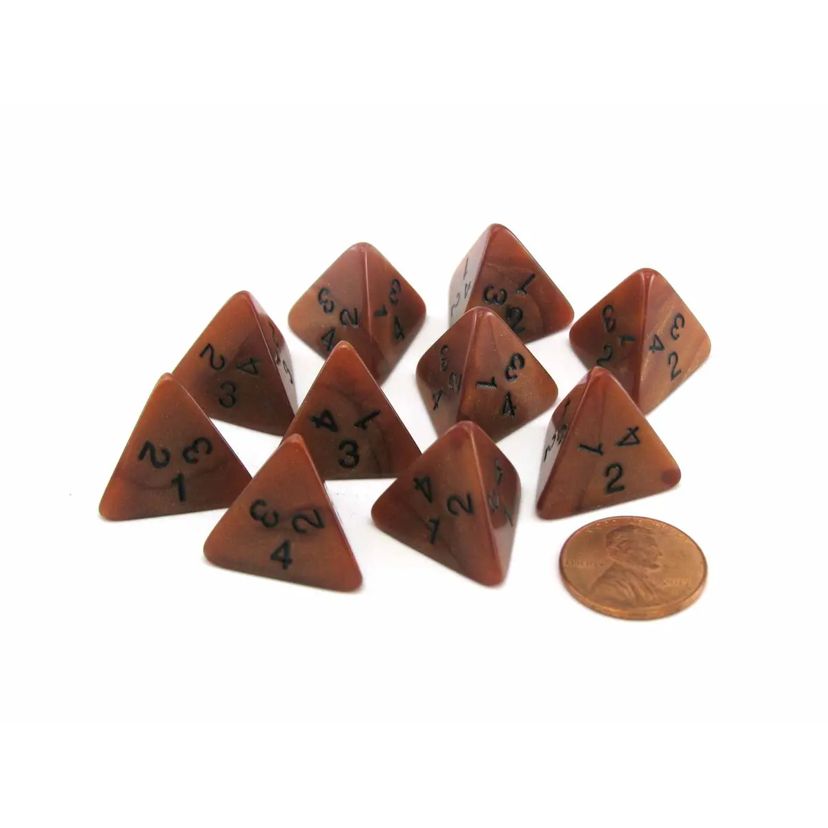 Set of 10 D4 18mm Olympic Pearlized Dice - Bronze with Black Numbers