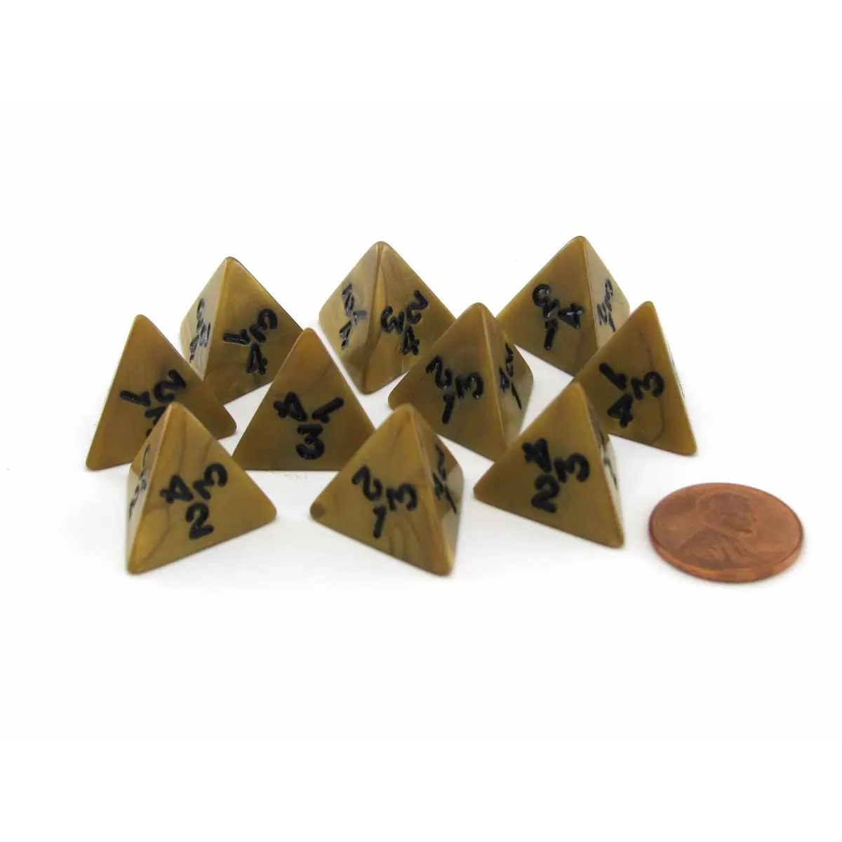 Set of 10 D4 18mm Olympic Pearlized Dice - Gold with Black Numbers