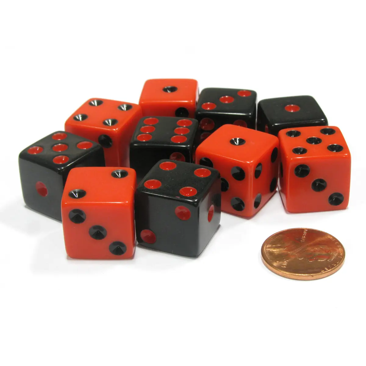 Set of 10 D6 16mm Dice - 5 Each of Black with Red Pip and Red with Black Pip