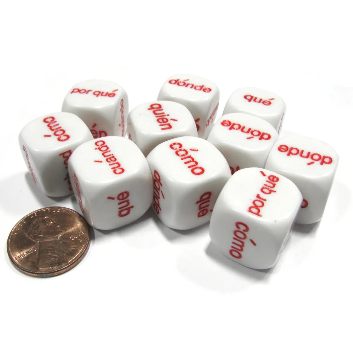 Set of 10 D6 16mm Educational Spanish Interrogative Questions Dice- White w/ Red