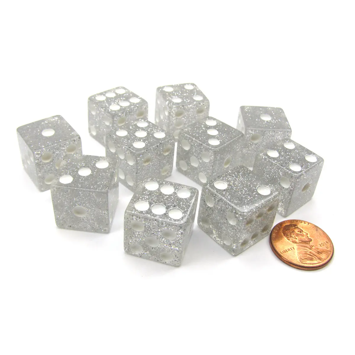 Set of 10 D6 16mm Glitter Dice - Clear/White with White Pips