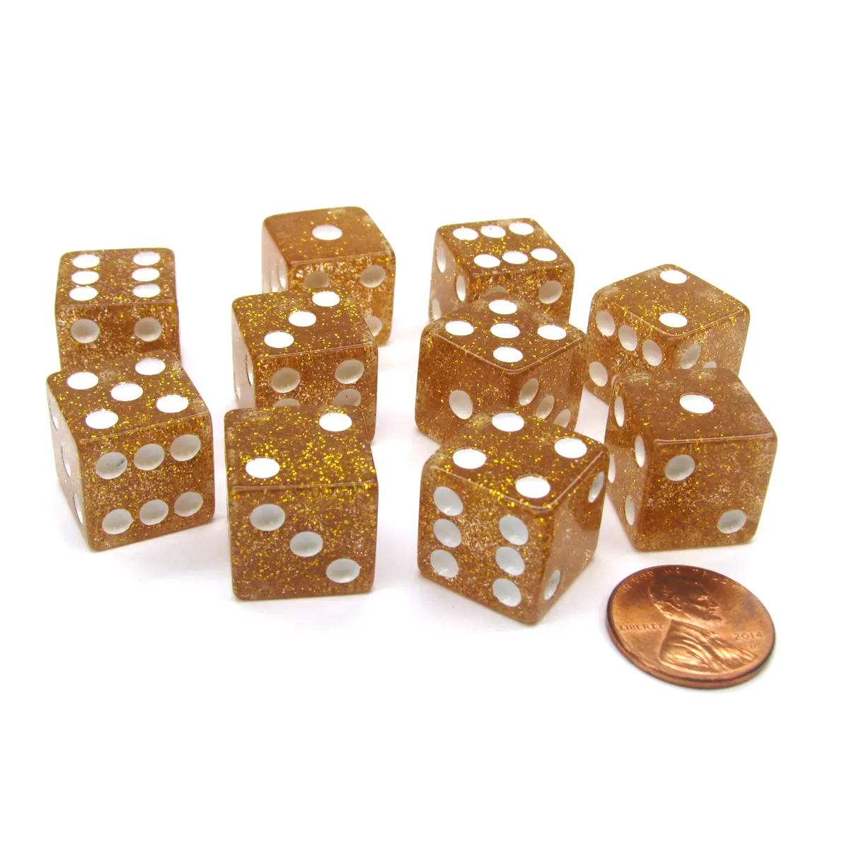 Set of 10 D6 16mm Glitter Dice - Yellow with White Pips