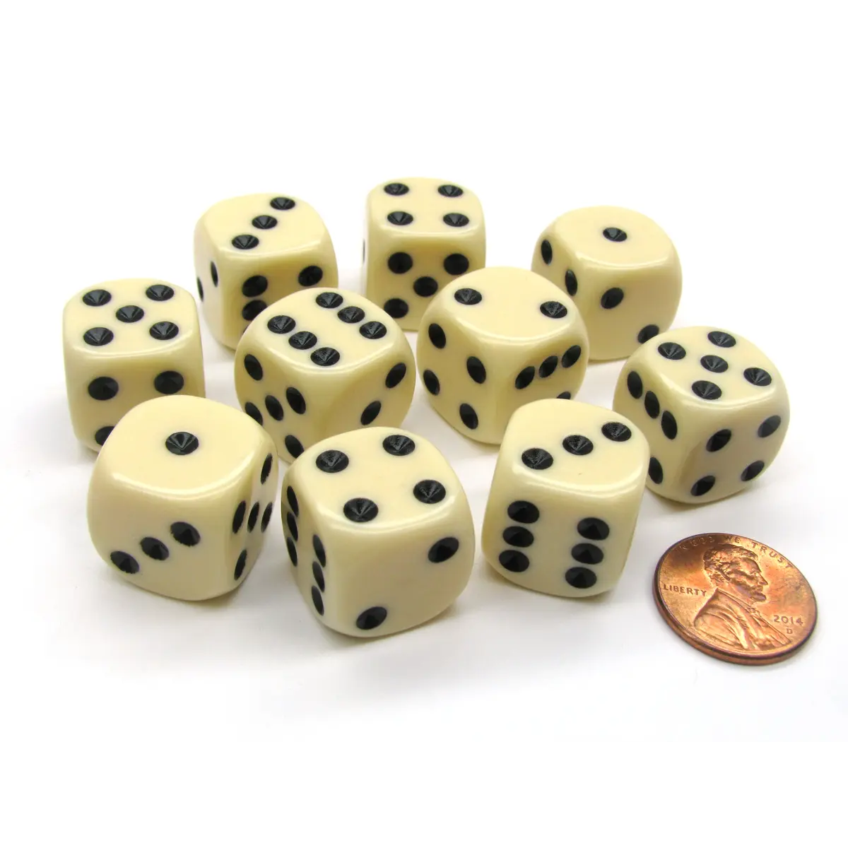 Set of 10 D6 16mm Rounded Corner Opaque Dice - Ivory with Black Pips
