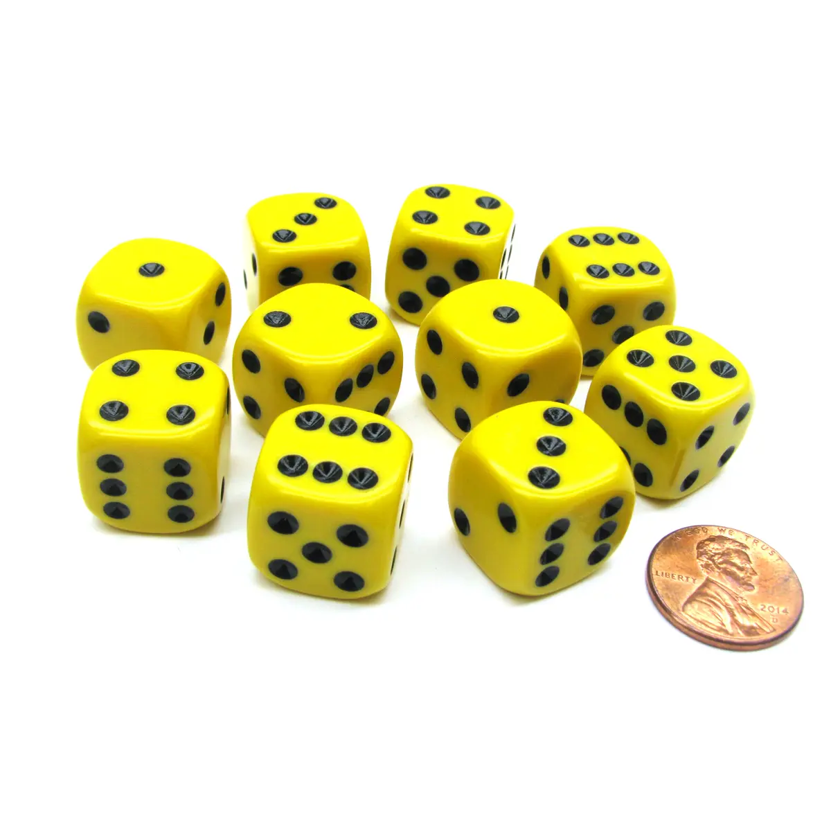 Set of 10 D6 16mm Rounded Corner Opaque Dice - Yellow with Black Pips