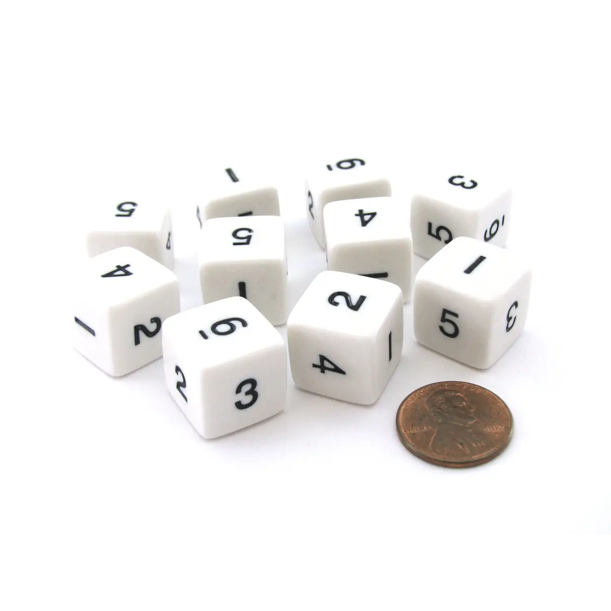 Set of 10 D6 Six-Sided 16mm Opaque Numbered Dice - White with Black Numbers