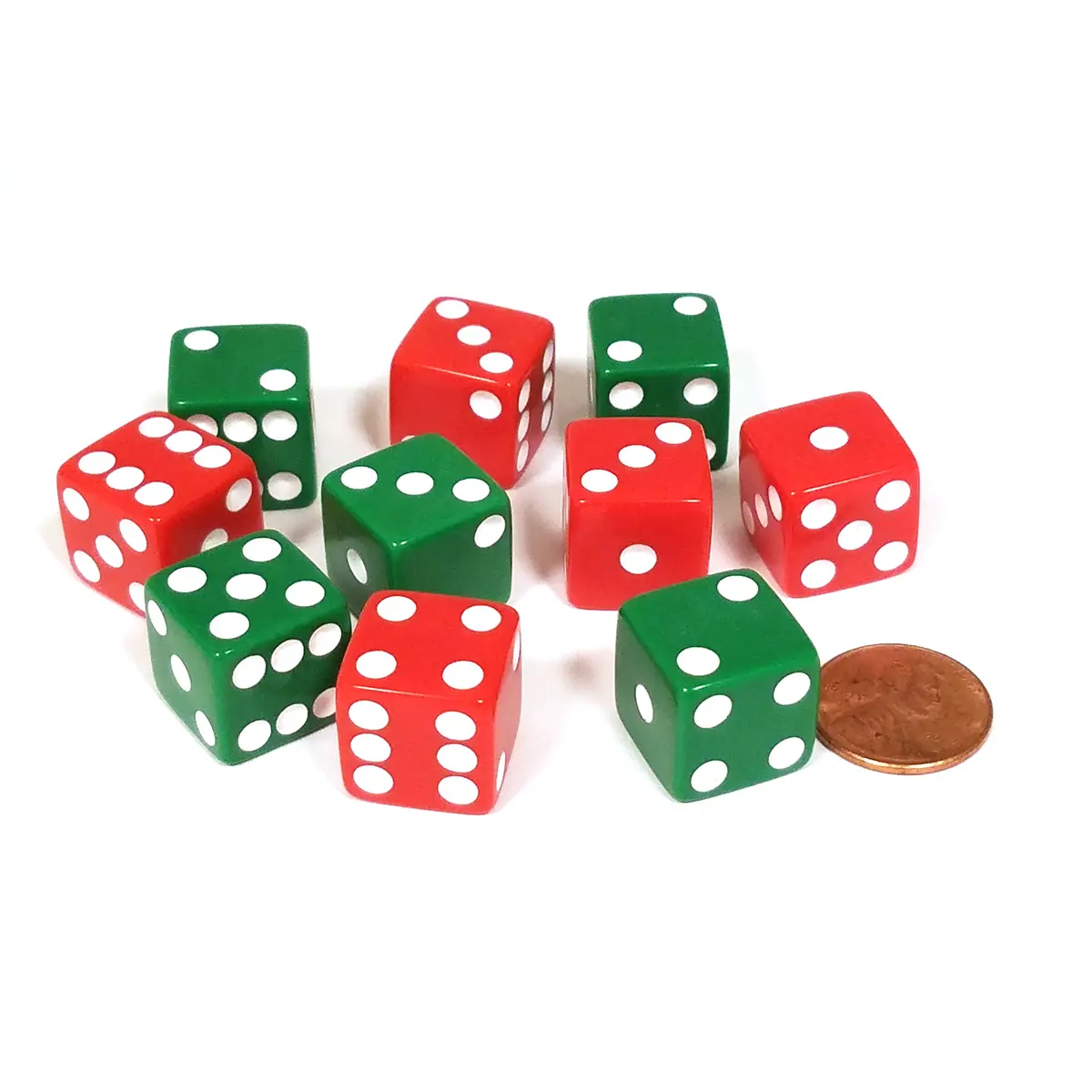 Set of 10 D6 Six Sided Opaque 16mm D6 Dice - Christmas Colors 5 Green & 5 Red