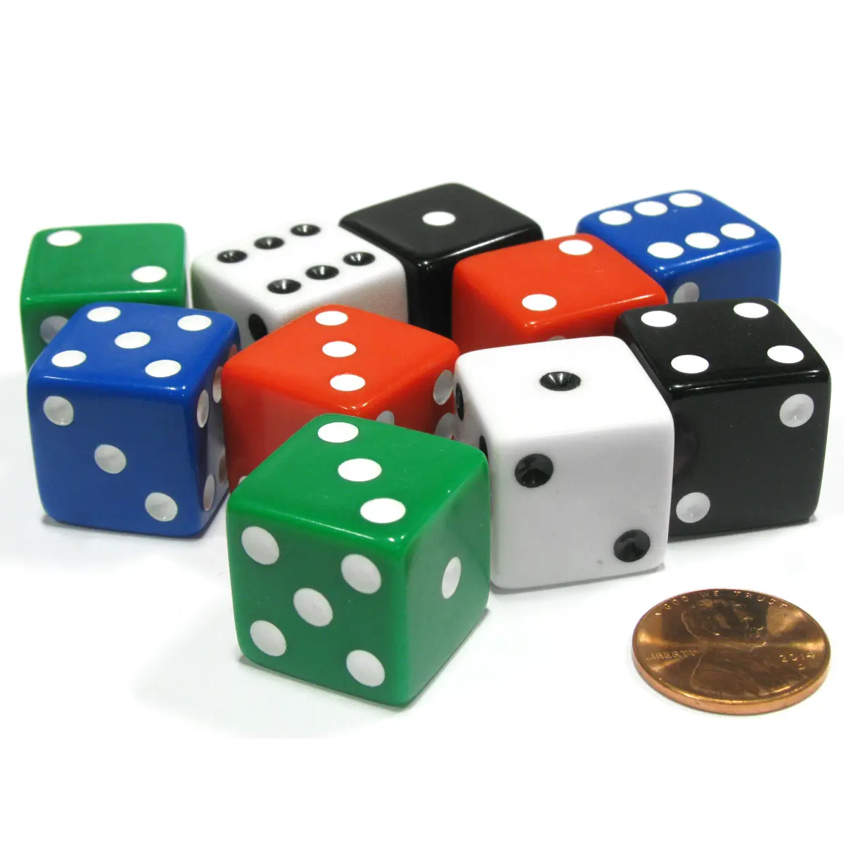 Set of 10 Large Square Opaque 19mm D6 Dice - 2 Each of 5 Colors
