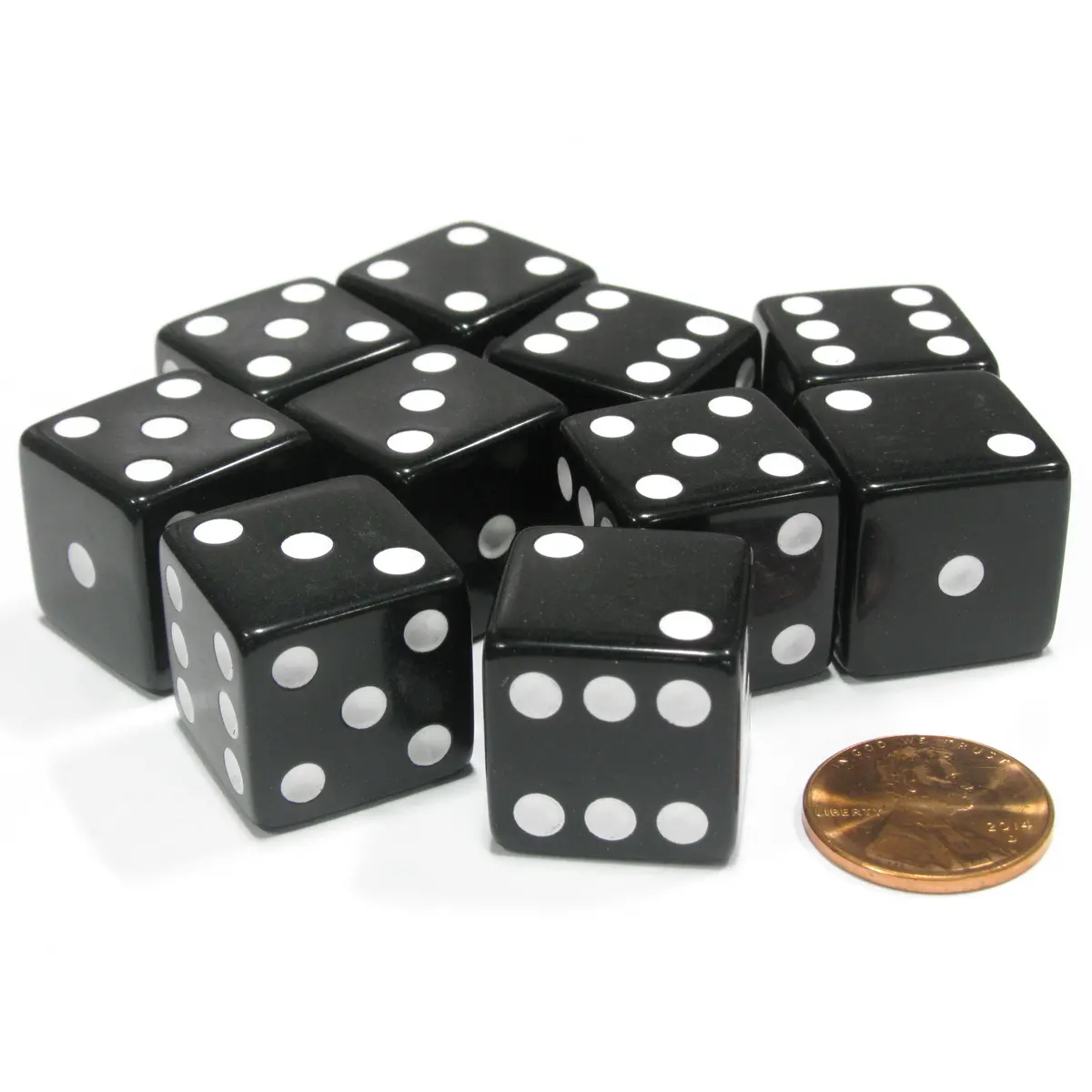 Set of 10 Large Six Sided Square Opaque 19mm D6 Dice - Black with White Pips