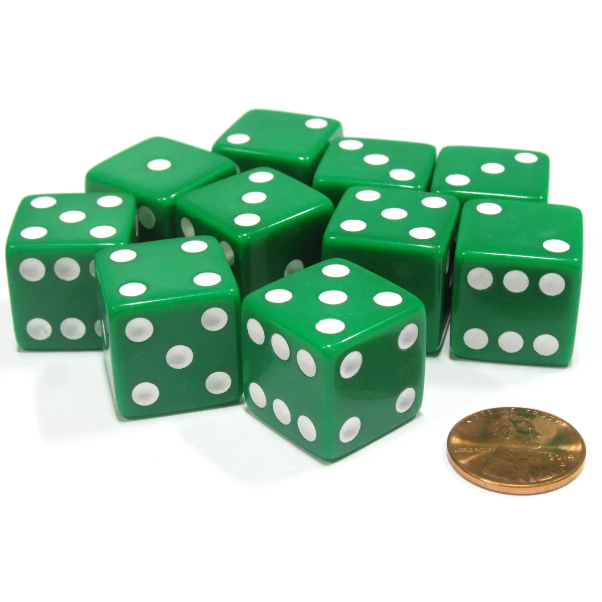 Set of 10 Large Six Sided Square Opaque 19mm D6 Dice - Green with White Pips