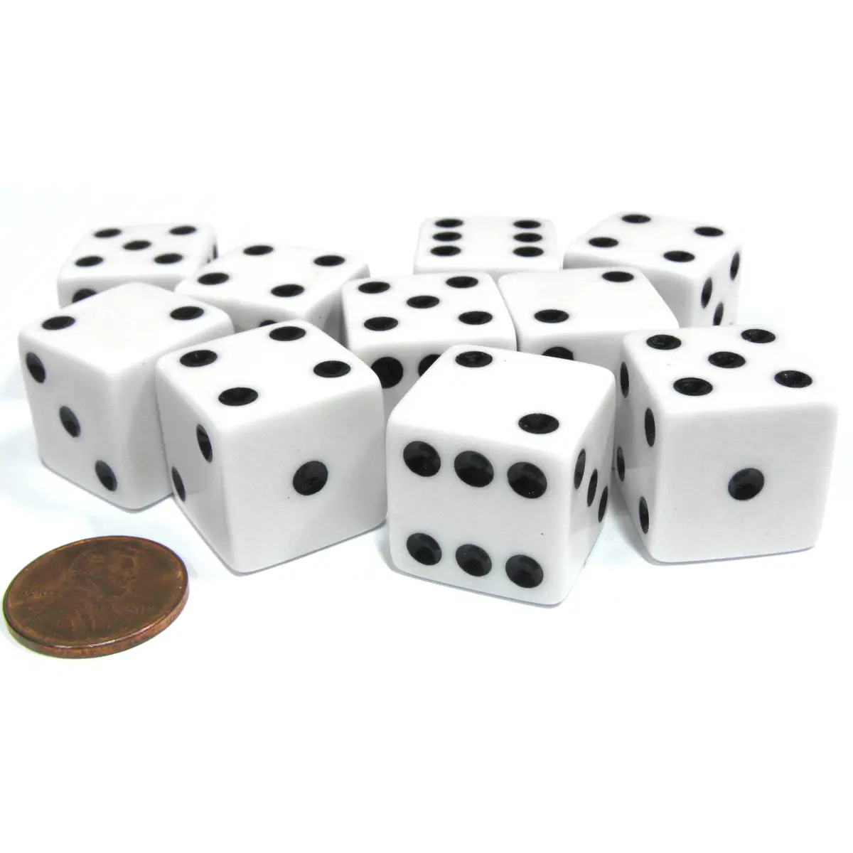 Set of 10 Large Six Sided Square Opaque 19mm D6 Dice - White with Black Pips