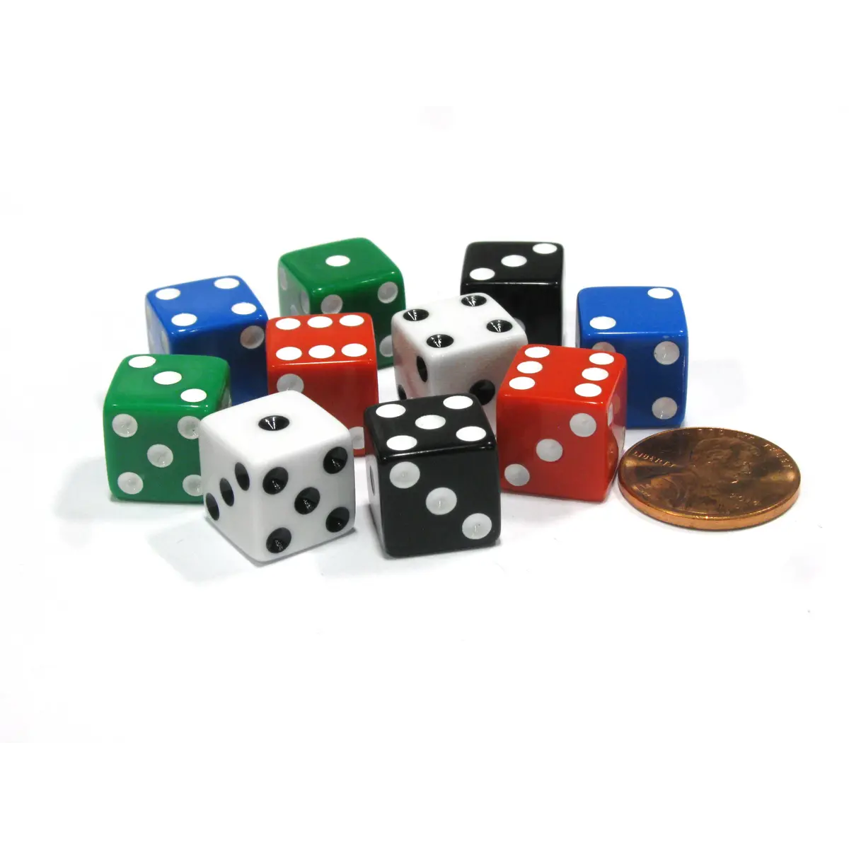 Set of 10 D6 12mm Small Square Edge Dice - 2 of Each: Red White Blue Black Green
