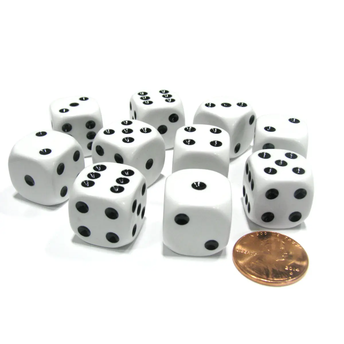 Set of 10 Six Sided Round Corner Opaque 16mm D6 Dice - White with Black Pip