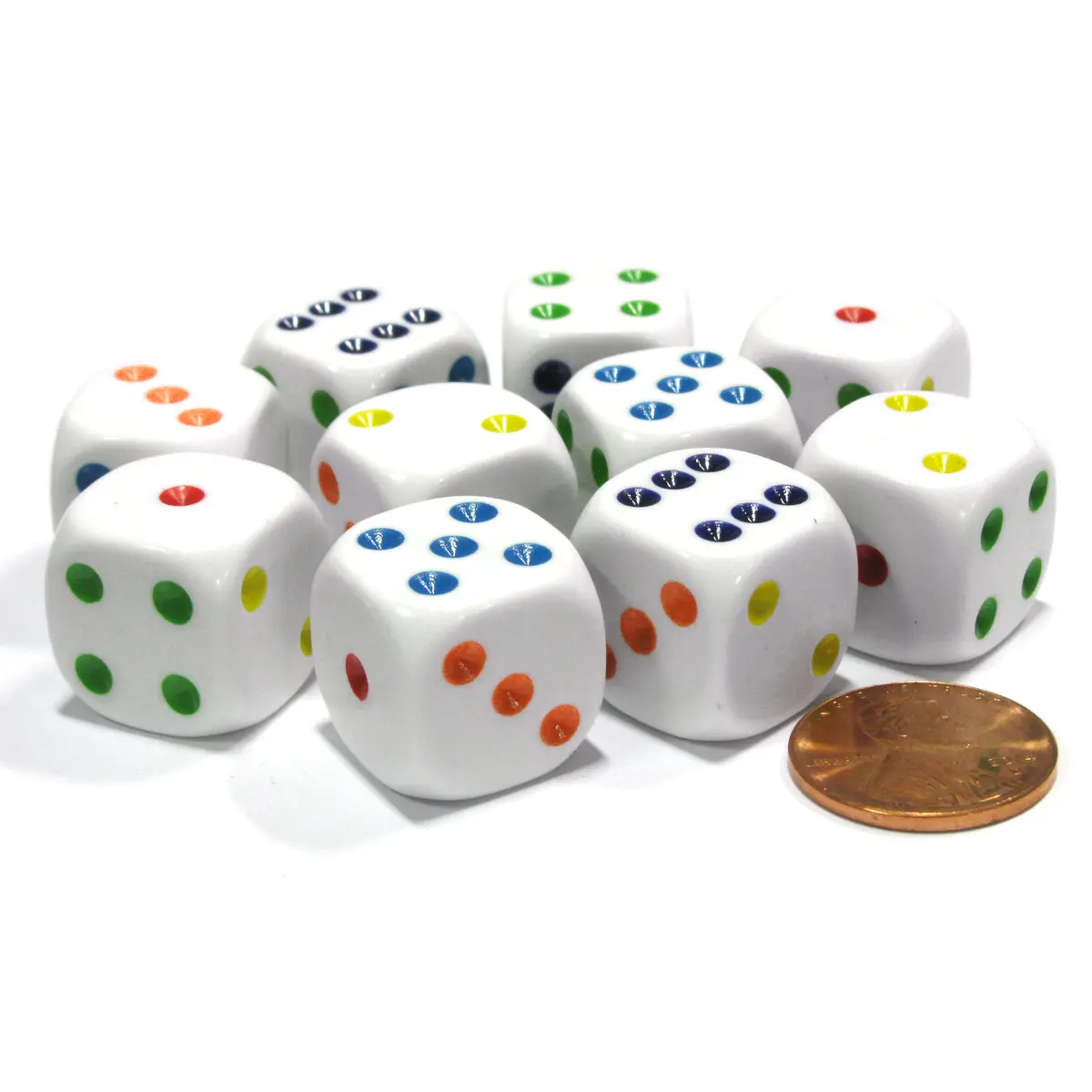 Set of 10 Six Sided Round Edge Opaque 16mm D6 Dice - White with Multicolor Pip