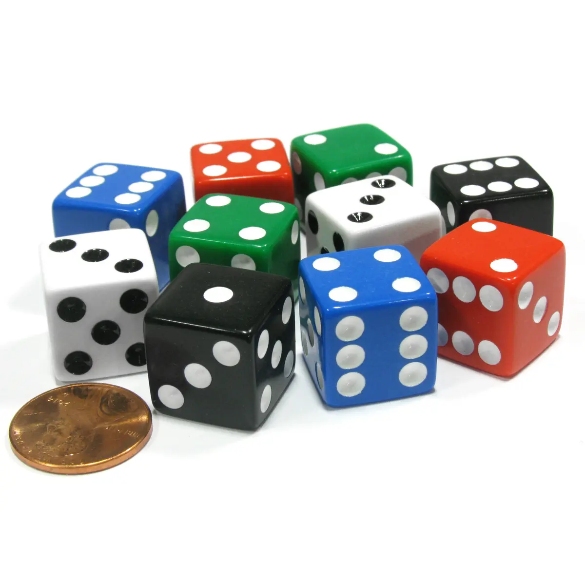 Set of 10 Six Sided Square 16mm D6 Dice - 2 Each of Red White Blue Green Black