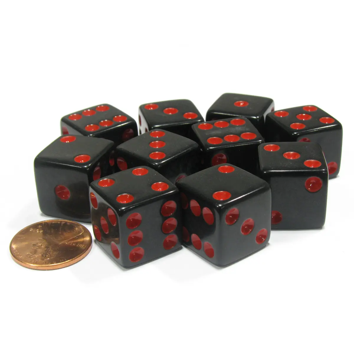 Set of 10 Six Sided Square Opaque 16mm D6 Dice - Black with Red Pip Die