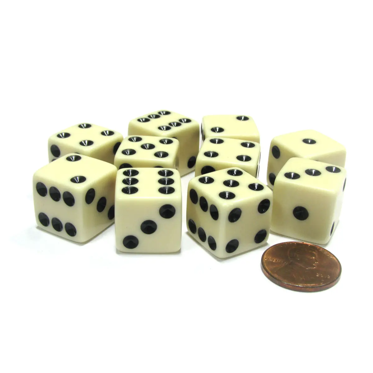 Set of 10 Six Sided Square Opaque 16mm D6 Dice - Ivory with Black Pip Die