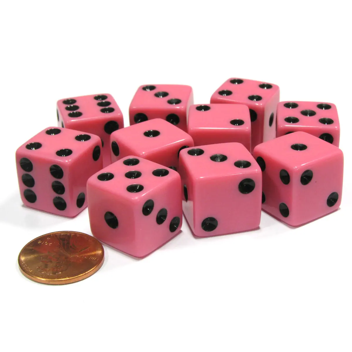 Set of 10 Six Sided Square Opaque 16mm D6 Dice - Pink with Black Pip Die