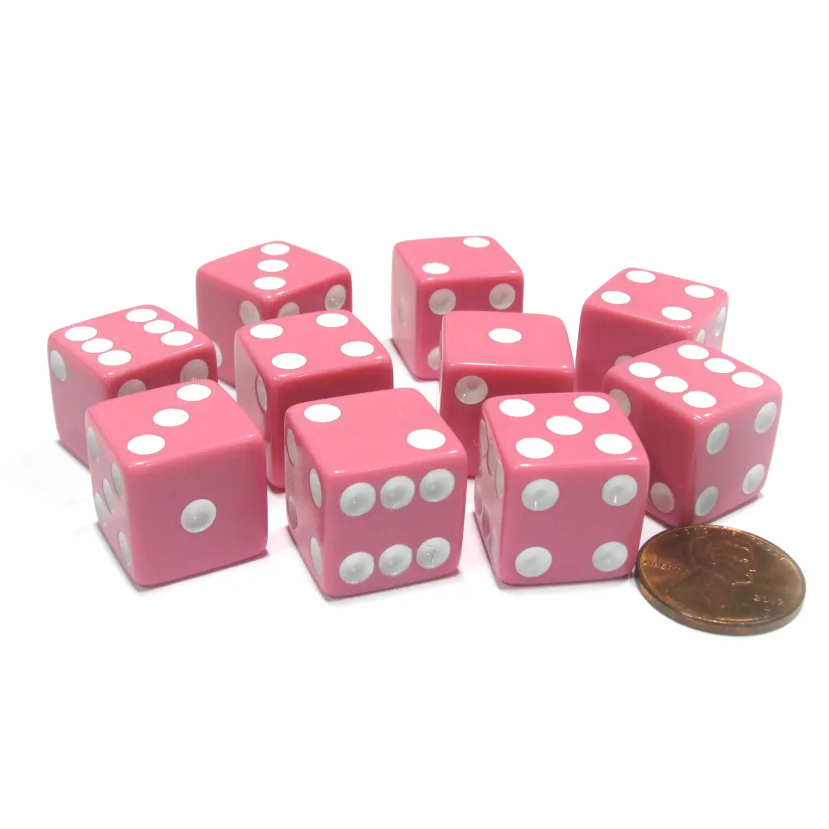 Set of 10 Six Sided Square Opaque 16mm D6 Dice - Pink with White Pip Die