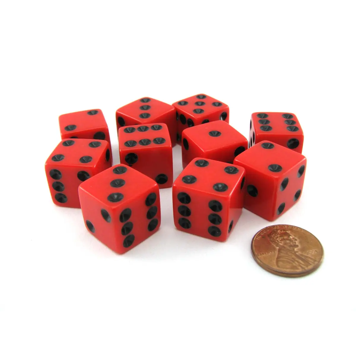 Set of 10 Six Sided Square Opaque 16mm D6 Dice - Red with Black Pip Die