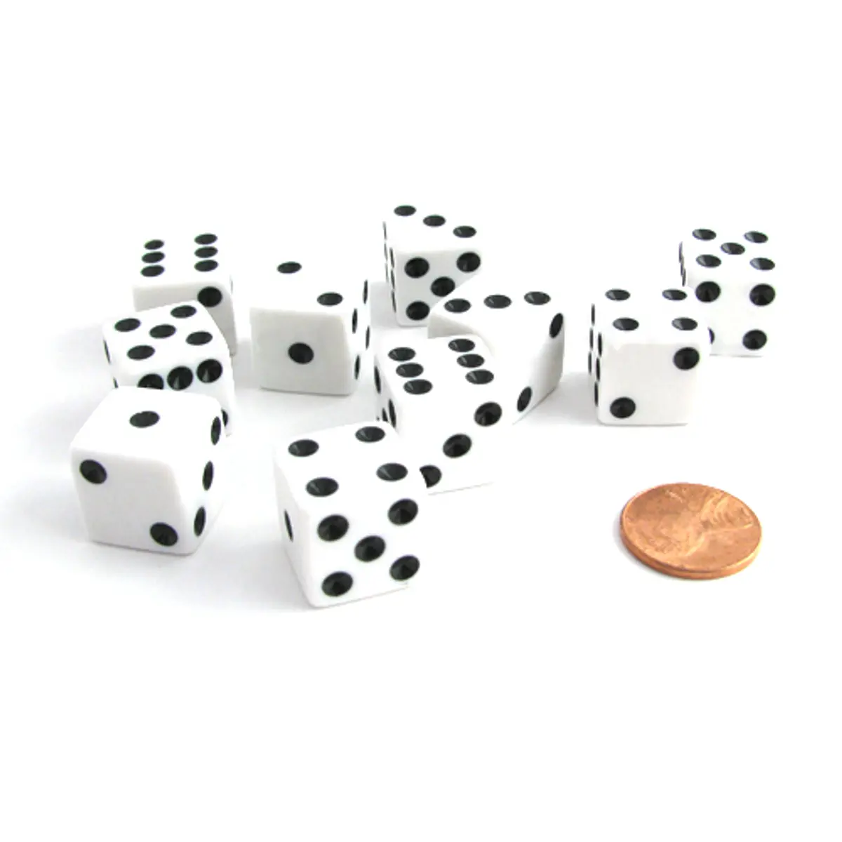 Set of 10 Six Sided Square Opaque 16mm D6 Dice - White with Black Pip Die