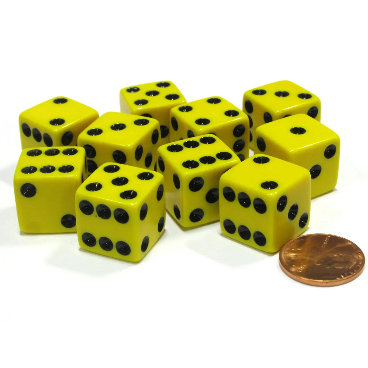 Set of 10 Six Sided Square Opaque 16mm D6 Dice - Yellow with Black Pip Die