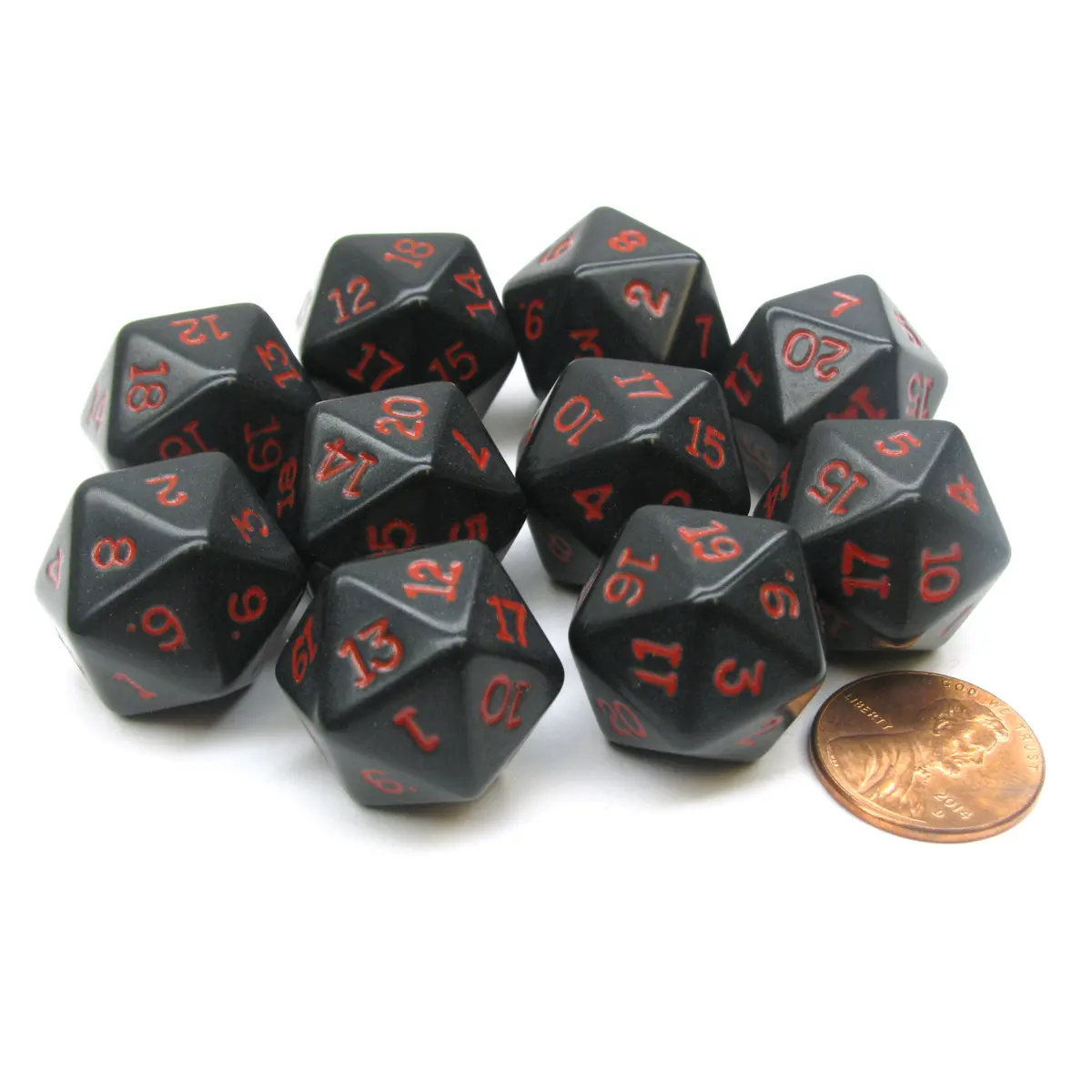 Set of 10 Twenty Sided 19mm D20 Opaque RPG Dice - Black with Red Numbers Die