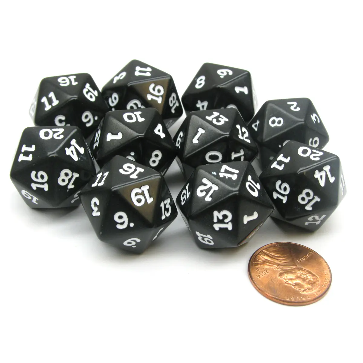 Set of 10 Twenty Sided 19mm D20 Opaque RPG Dice - Black with White Numbers Die