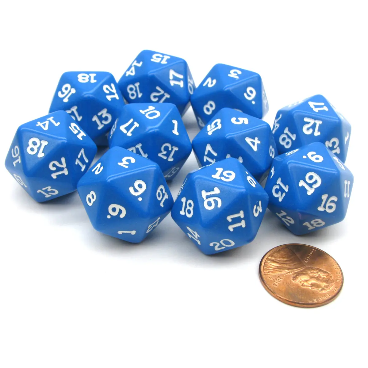Set of 10 Twenty Sided 19mm D20 Opaque RPG Dice - Blue with White Numbers Die