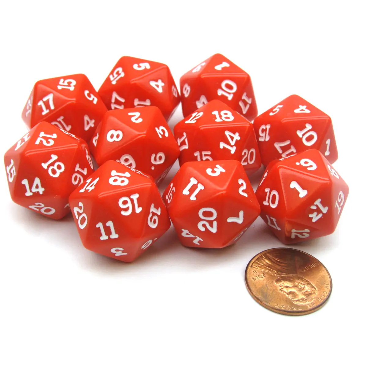 Set of 10 Twenty Sided 19mm D20 Opaque RPG Dice - Red with White Numbers Die