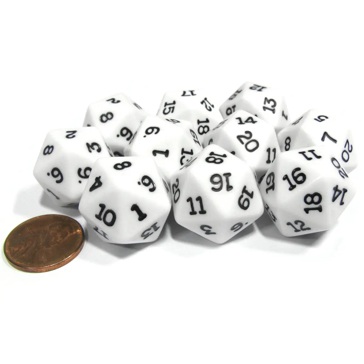 Set of 10 Twenty Sided 19mm D20 Opaque RPG Dice - White with Black Numbers Die