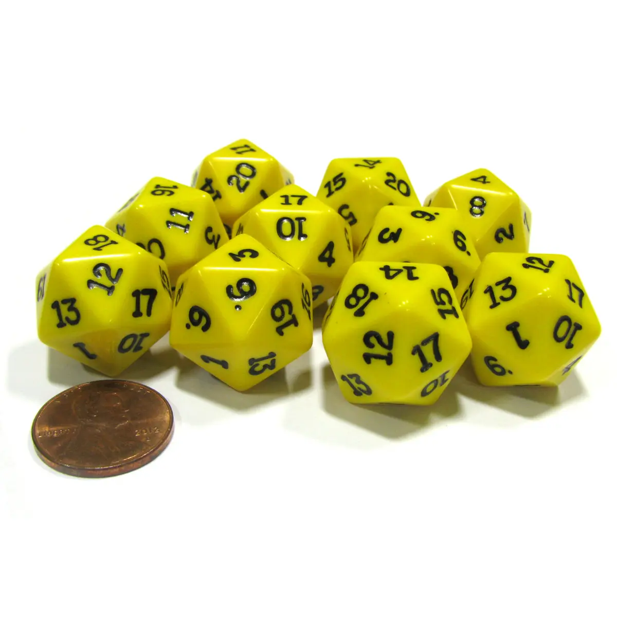 Set of 10 Twenty Sided 19mm D20 Opaque RPG Dice - Yellow with Black Numbers Die