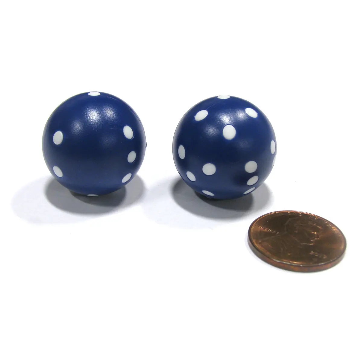 Set of 2 22mm Round Circular Circle Dice, Weighted - Blue with White Pips