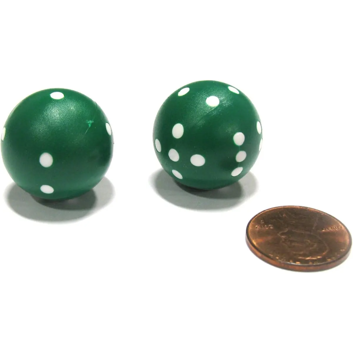 Set of 2 22mm Round Circular Circle Dice, Weighted - Neon Green with White Pips