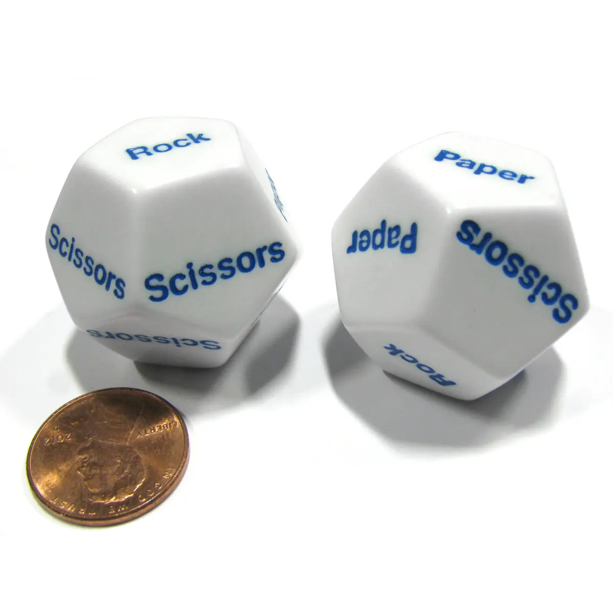 Set of 2 D12 12-Sided Rock, Paper, Scissors Game Dice - White with Blue Letters
