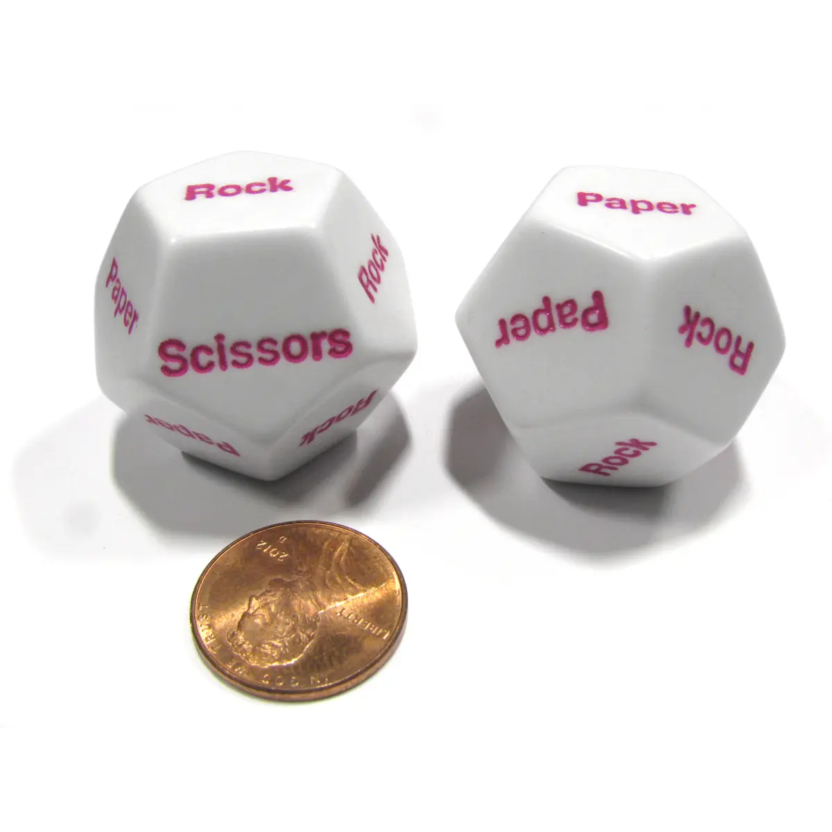 Set of 2 D12 12-Sided Rock, Paper, Scissors Game Dice - White with Pink Letters
