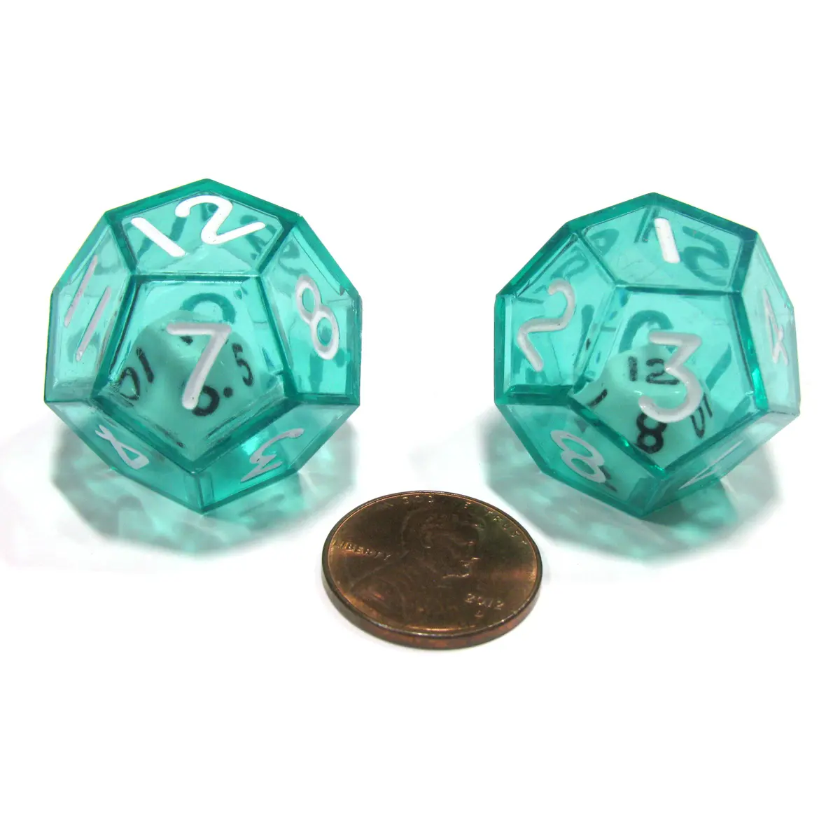 Set of 2 D12 25mm Double Dice, 2-In-1 Dice - White Inside Translucent Green Die