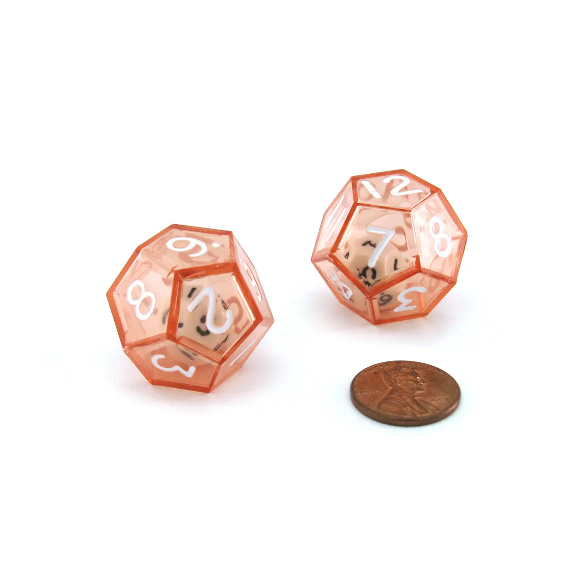 Set of 2 D12 25mm Double Dice, 2-In-1 Dice - White Inside Translucent Red Die