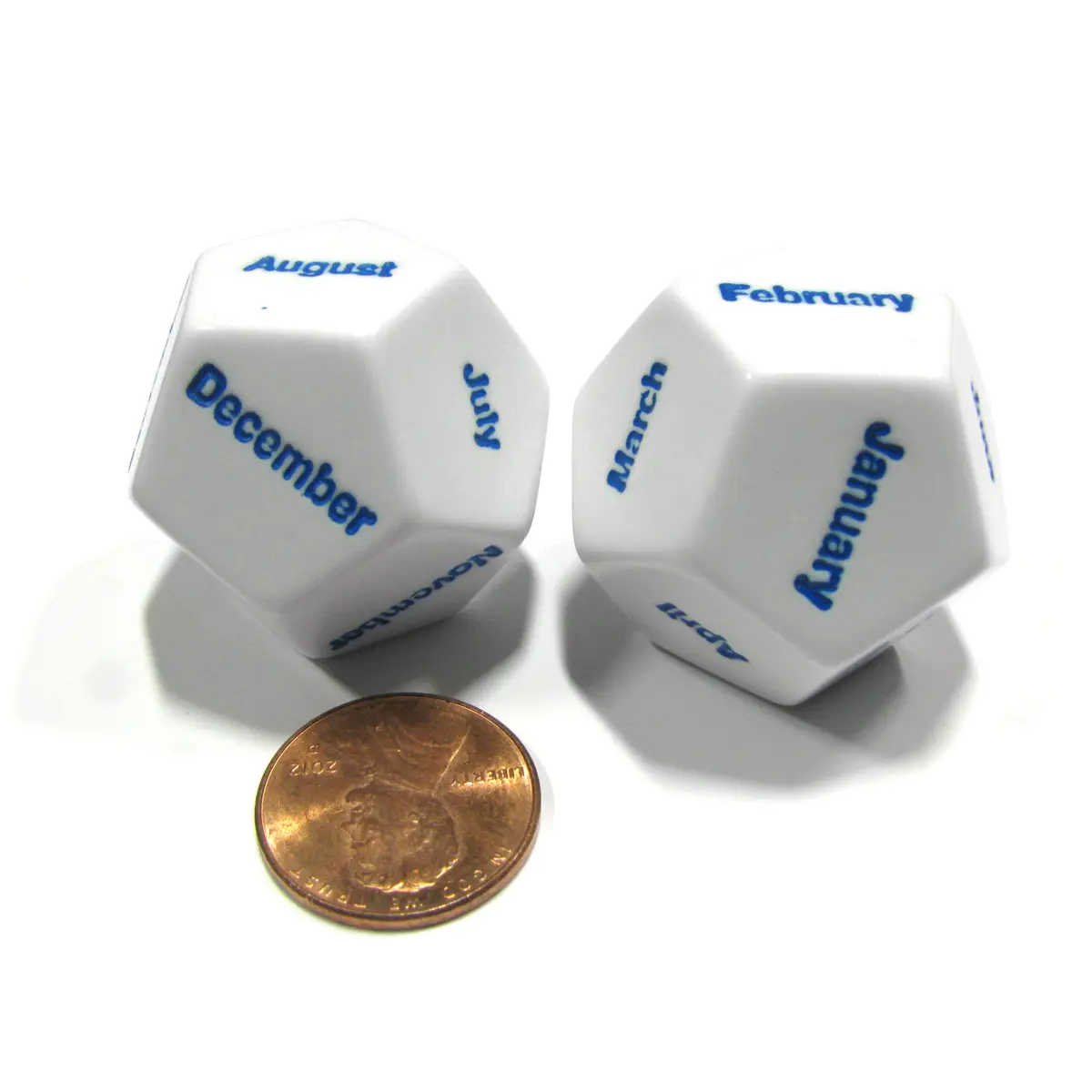 Set of 2 D12 Months of the Year Setting Educational Dice White with Blue Letters