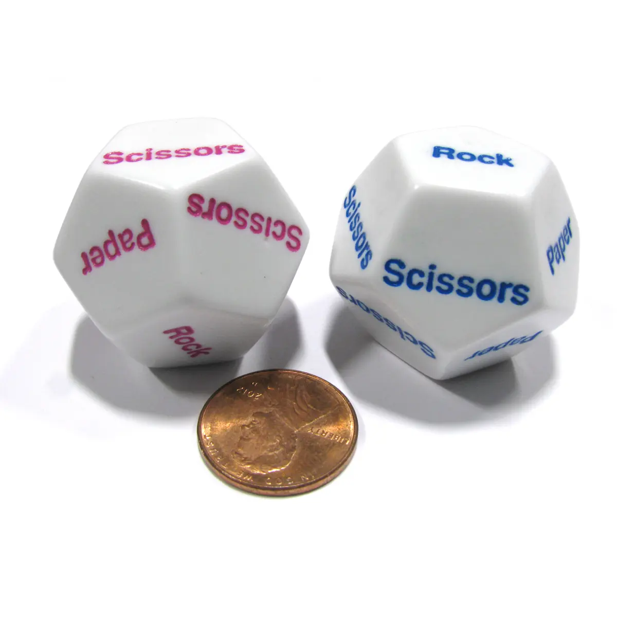 Set of 2 D12 Rock, Paper, Scissors Dice - 1 White with Blue, 1 White with Pink