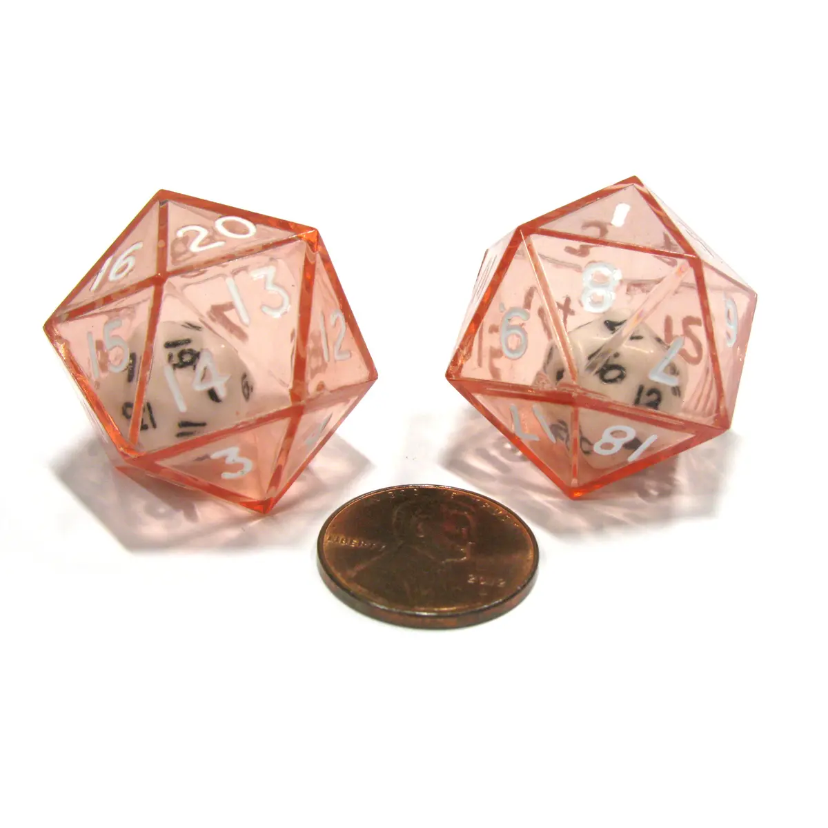 Set of 2 D20 24mm Double Dice, 2-In-1 Dice - White Inside Translucent Red Die