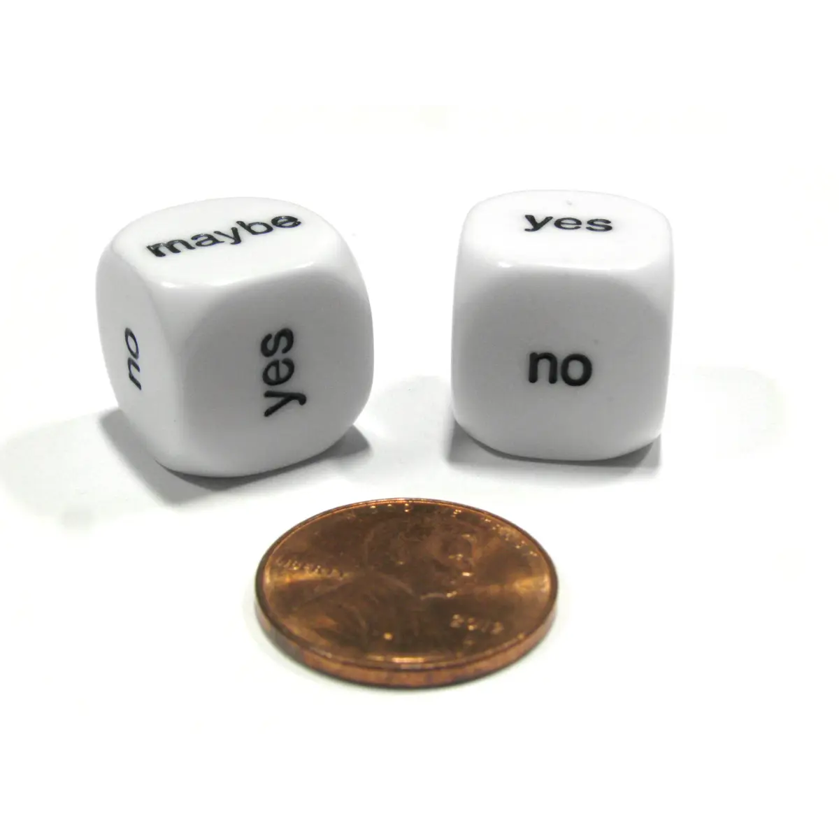 Set of 2 D6 16mm Yes, No, Maybe Decisions Dice - White with Black Letters
