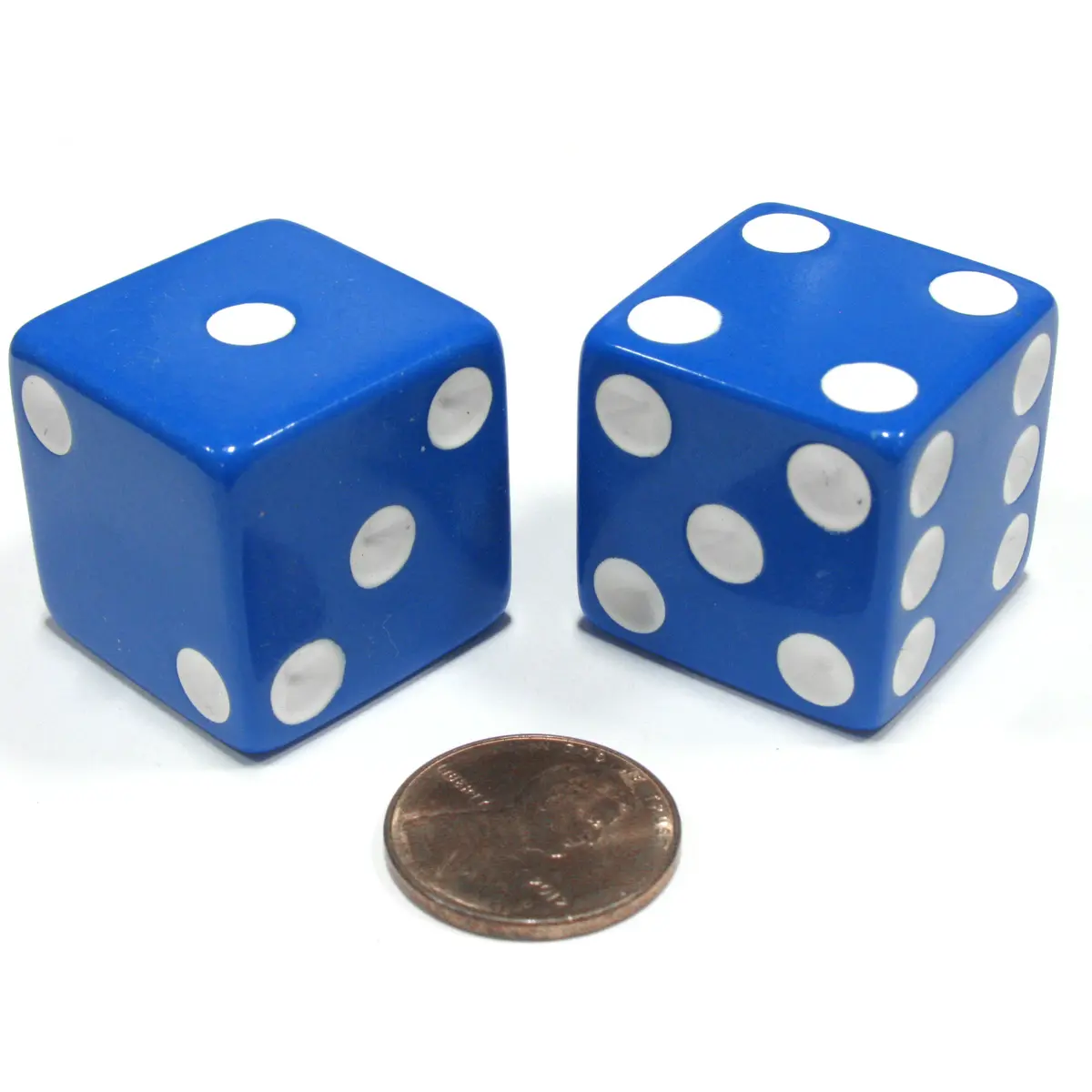 Set of 2 D6 25mm Large Opaque Jumbo Dice - Blue with White Pips