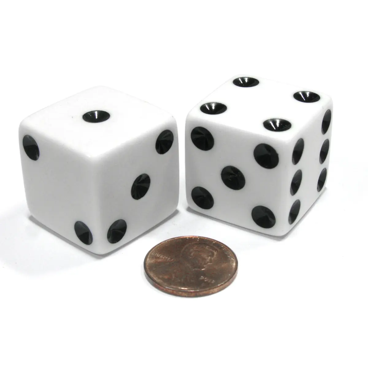 Set of 2 D6 25mm Large Opaque Jumbo Dice - White with Black Pips