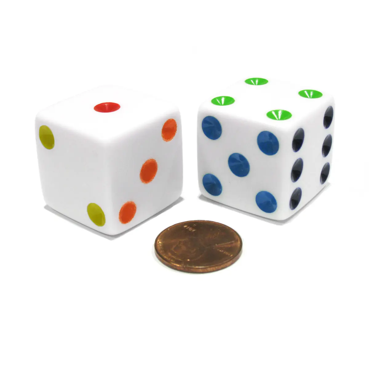 Set of 2 D6 25mm Large Opaque Jumbo Dice - White with Multicolor Pips